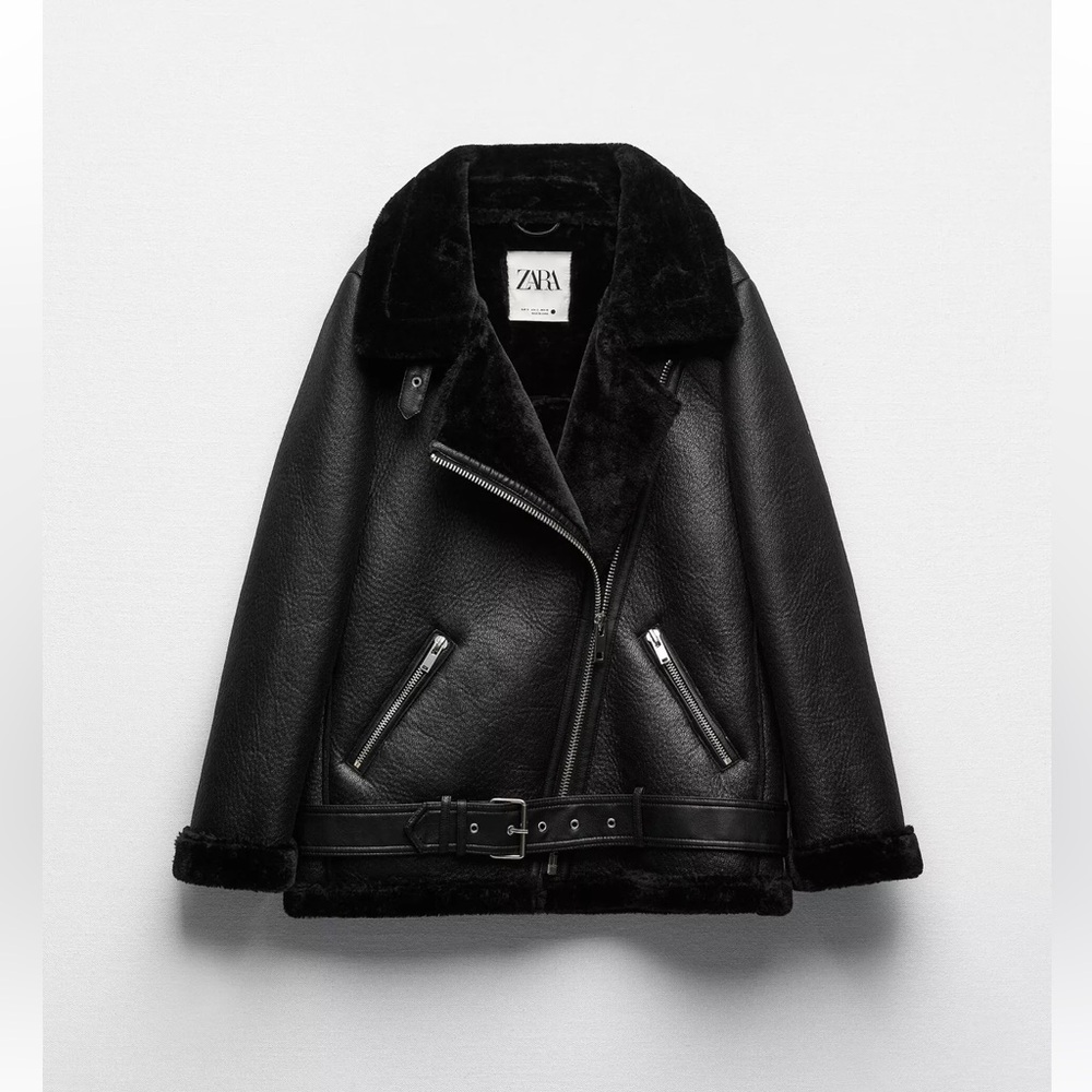 ✨Zara Biker Moto Jacket Oversized Black Double Face Faux Fur inside
